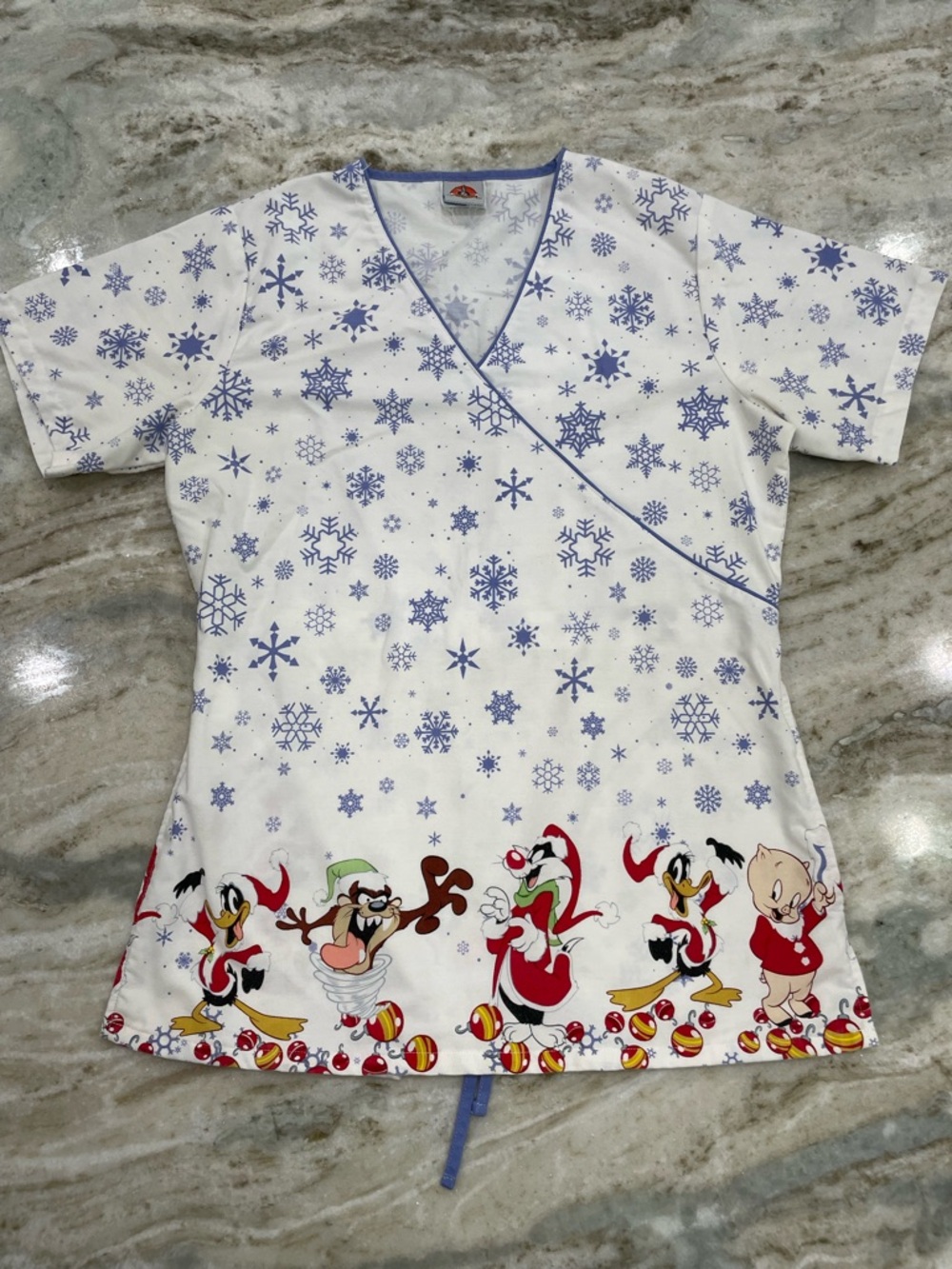 Looney Tunes Christmas Scrub Top Drawstring Waist Bugs Bunny Taz Small